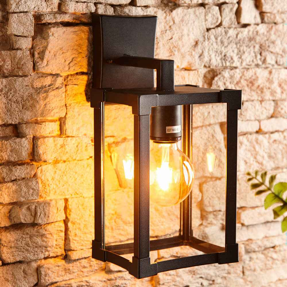 Biard Glass & Black Aluminium Lantern Outdoor Wall Light - Biard Glass Outdoor Square Black Lantern Wall Light